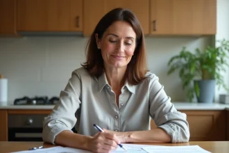 Femme comparant plusieurs devis de travaux posés sur une table de cuisine en bois