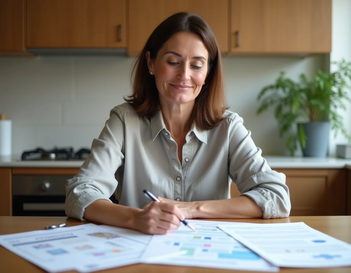 Femme comparant plusieurs devis de travaux posés sur une table de cuisine en bois