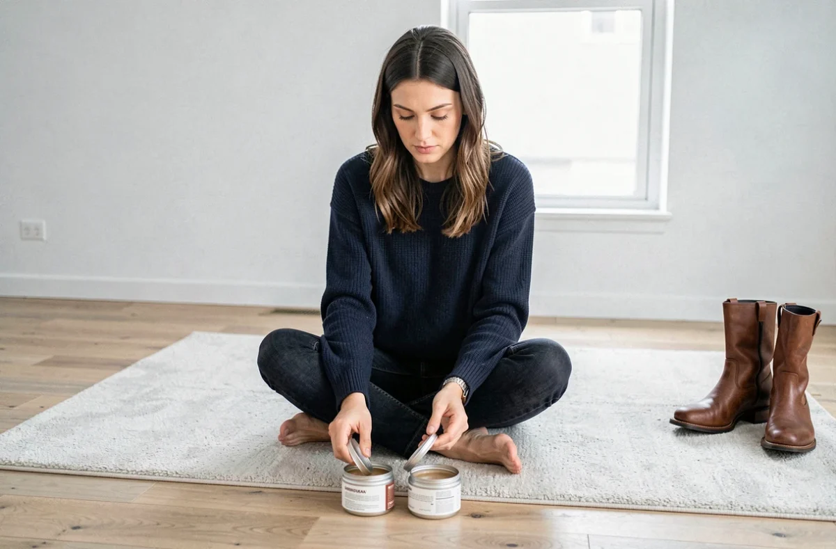 Femme comparant deux produits de graisse pour chaussure en cuir posés sur un parquet en chêne dans un intérieur minimaliste