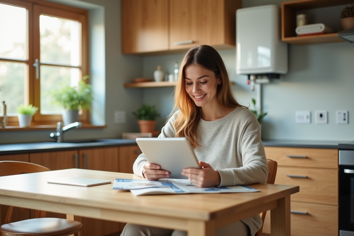 Jeune femme regardant des brochures sur un chauffe-eau écologique