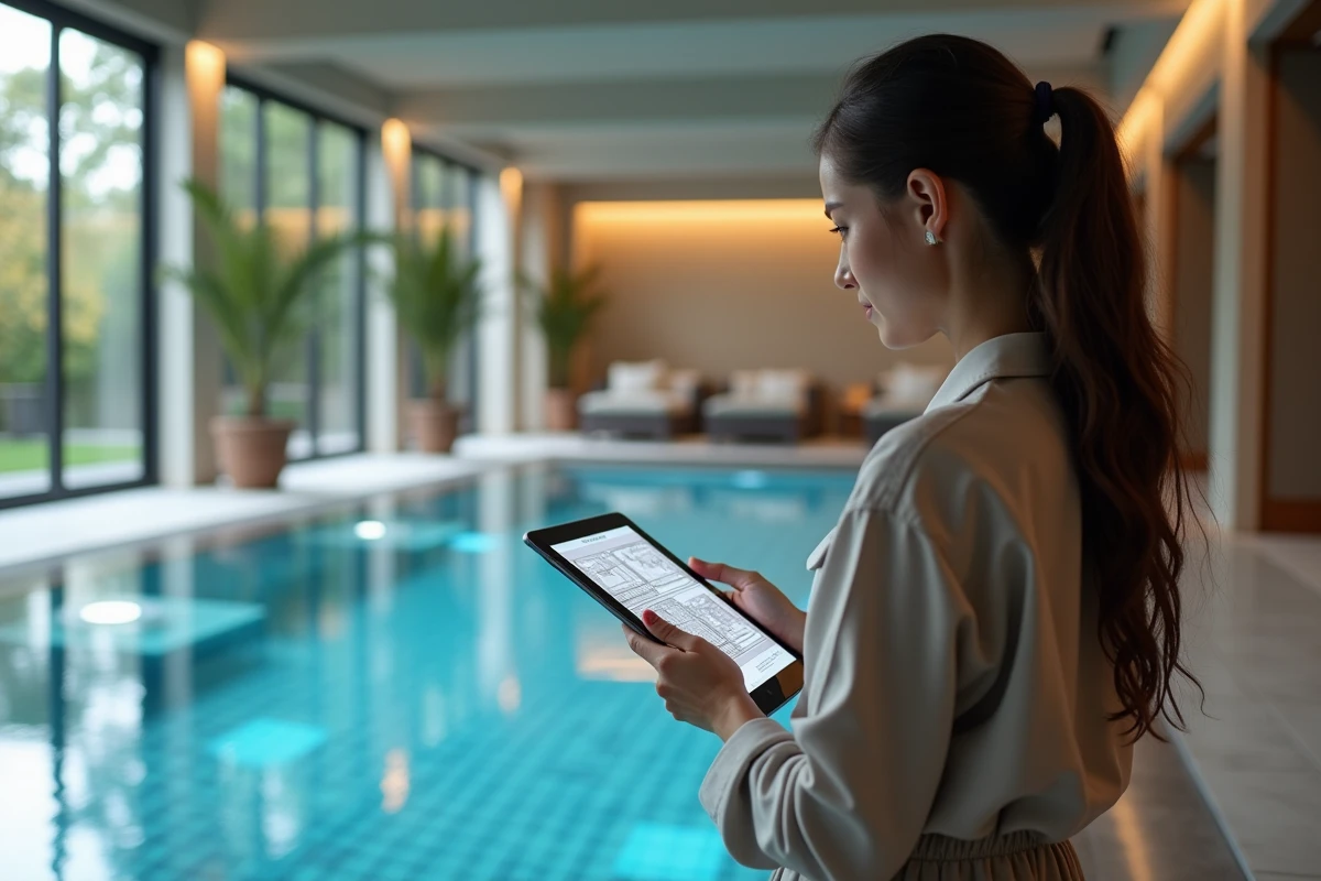 Jeune femme regardant un schéma de piscine avec tablette