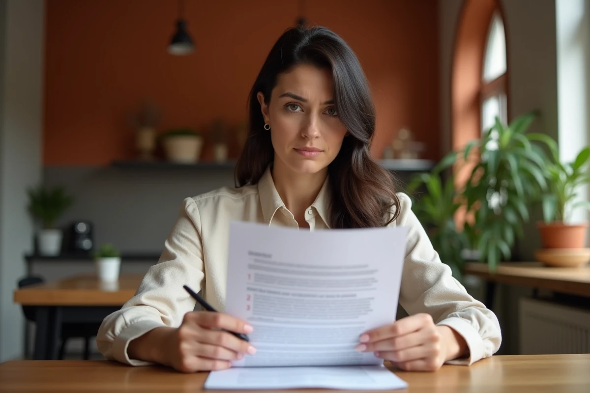 Femme consultant un contrat d'assurance habitation MACIF à son domicile, illustrant la question de la couverture logement Airbnb