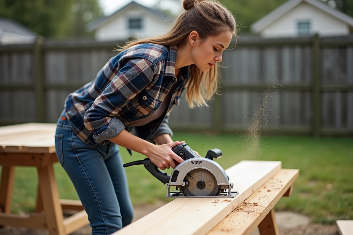 Jeune femme utilisant une scie circulaire en extérieur