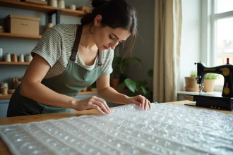 Femme débutante en couture en train d'épingler une bâche à bulle sur une table de travail en bois dans un atelier de couture maison