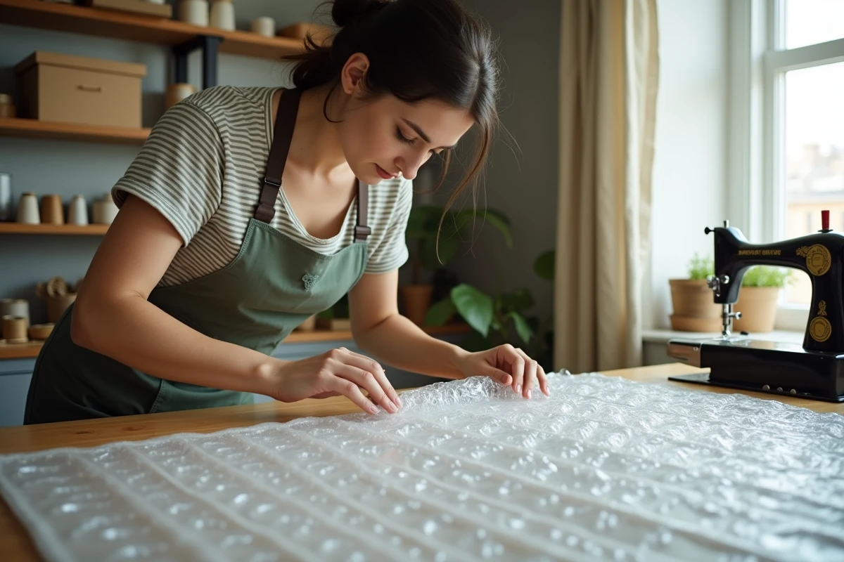 Femme débutante en couture en train d'épingler une bâche à bulle sur une table de travail en bois dans un atelier de couture maison