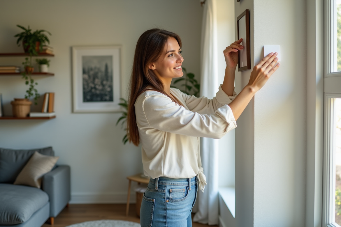 Femme accrochant un tableau dans un salon lumineux