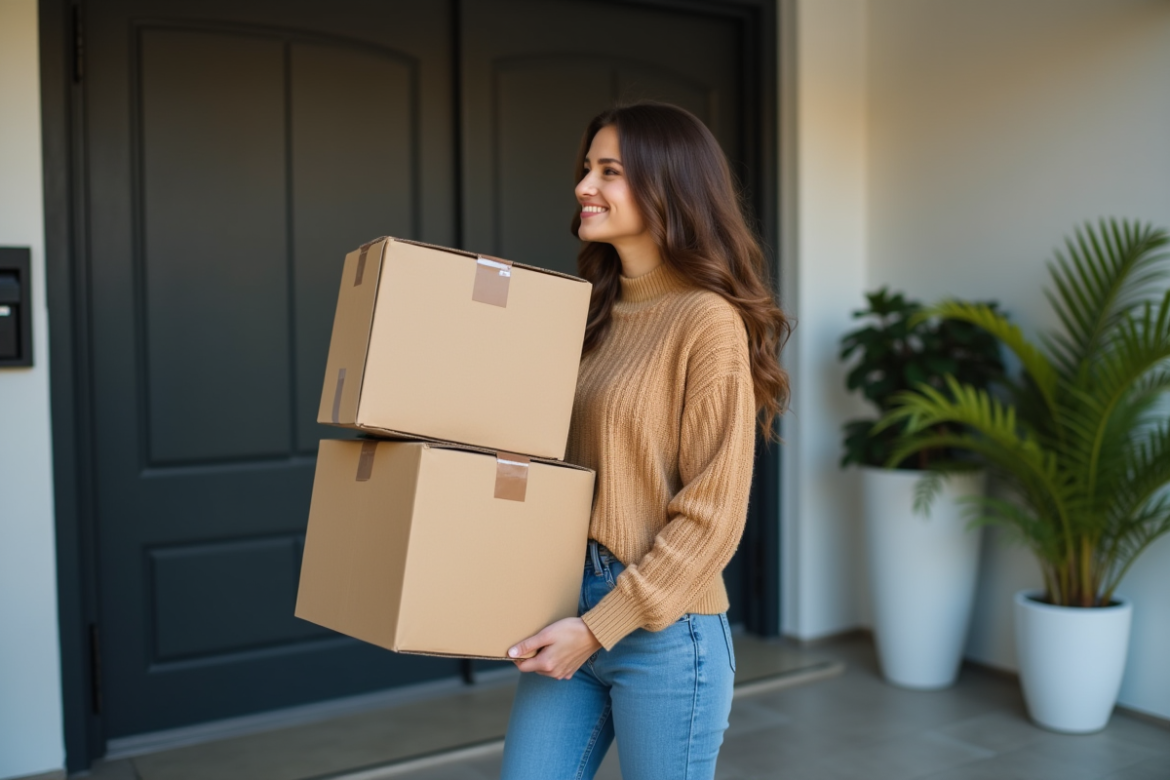 Jeune femme avec cartons devant un immeuble moderne