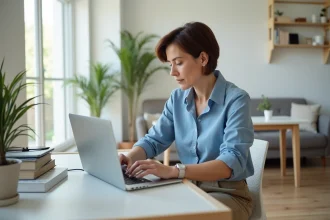 Femme utilisant Kazaplan pour concevoir un salon moderne