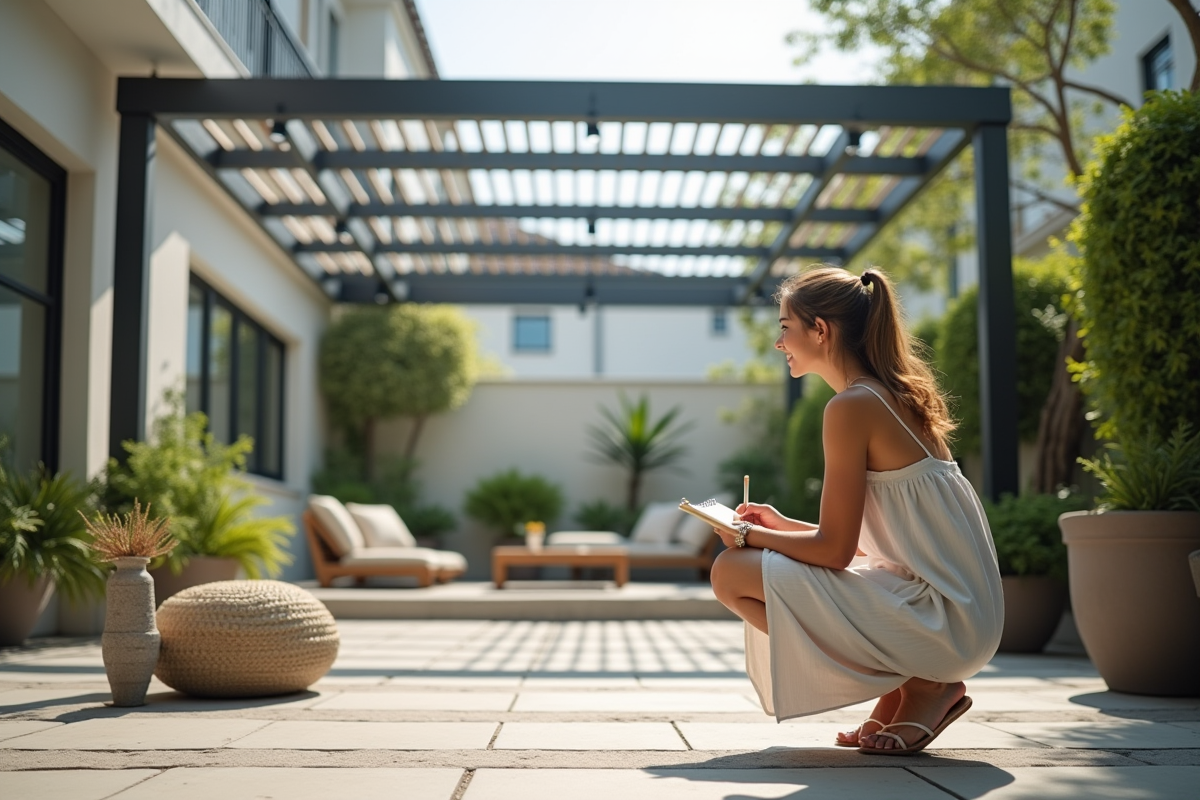 Femme dessinant une pergola dans un jardin urbain