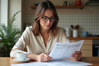 Femme consultant des documents fiscaux à la table de cuisine, représentant la notion de foyer fiscal en droit français