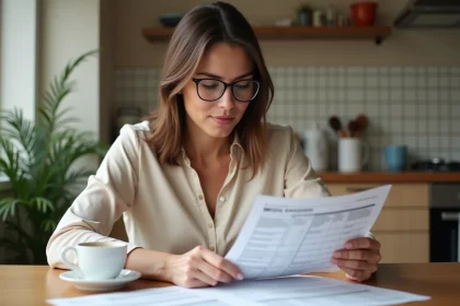 Femme consultant des documents fiscaux à la table de cuisine, représentant la notion de foyer fiscal en droit français