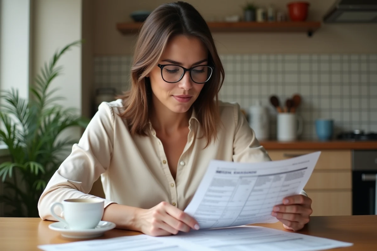 Femme consultant des documents fiscaux à la table de cuisine, représentant la notion de foyer fiscal en droit français