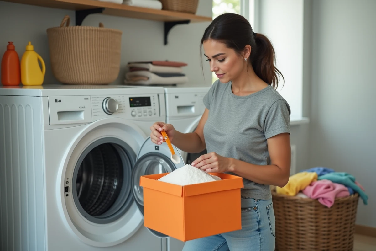 Femme mesurant de la lessive en poudre avant de charger le lave-linge dans une buanderie domestique