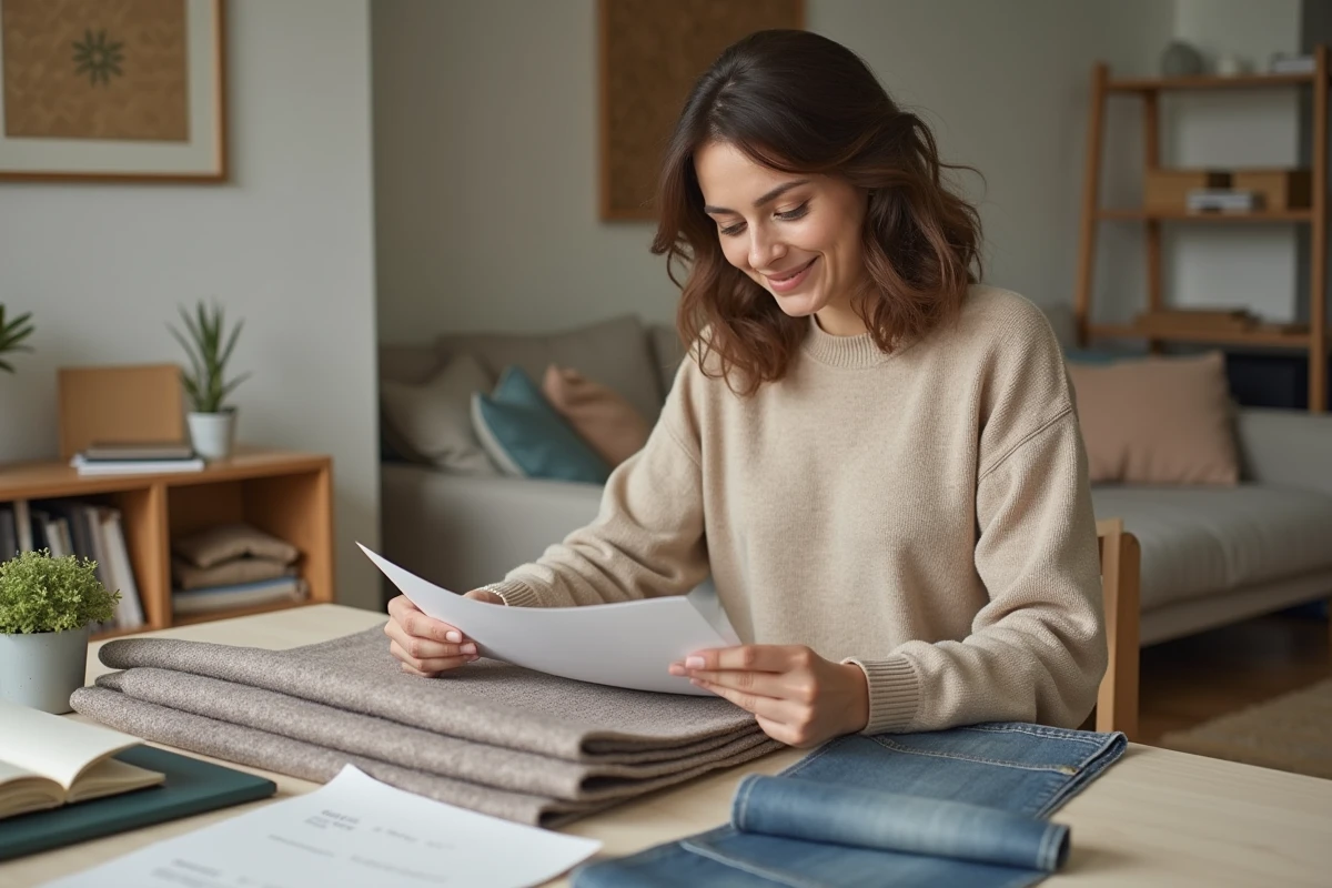 Femme en sweater beige choisissant des tissus dans un salon cosy