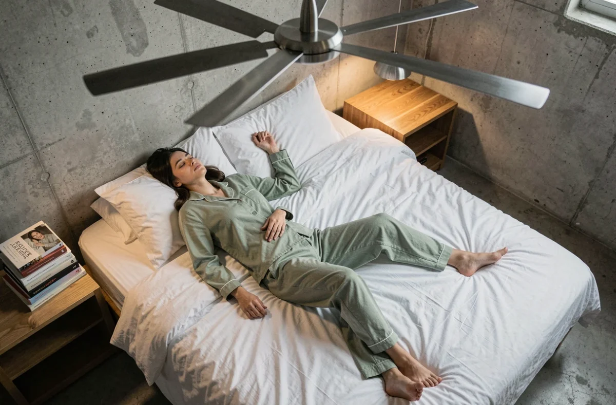 Femme endormie paisiblement dans un lit blanc sous un ventilateur de plafond dans une chambre de style loft urbain avec murs en béton