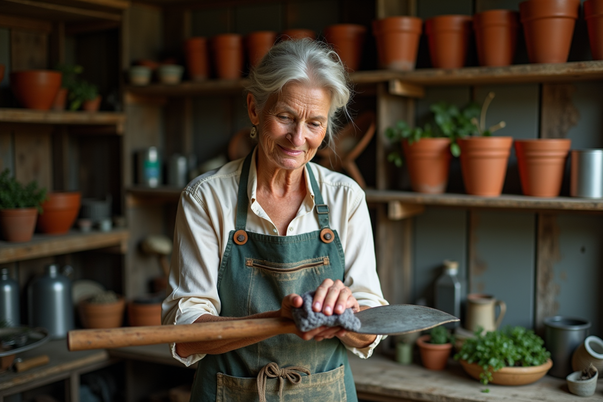 Femme âgée appliquant de la graisse sur une pelle