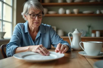 Femme regardant une assiette en faience Quimper avec attention