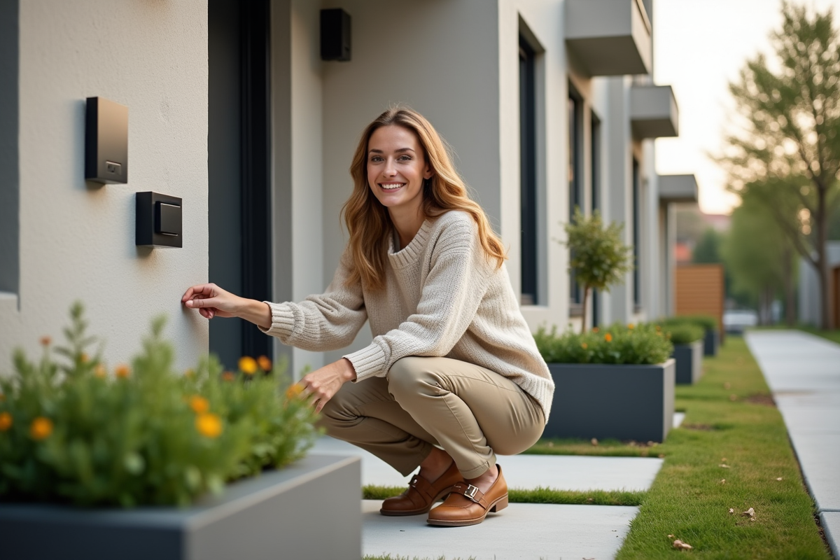 Jeune femme installant des éléments de façade moderne