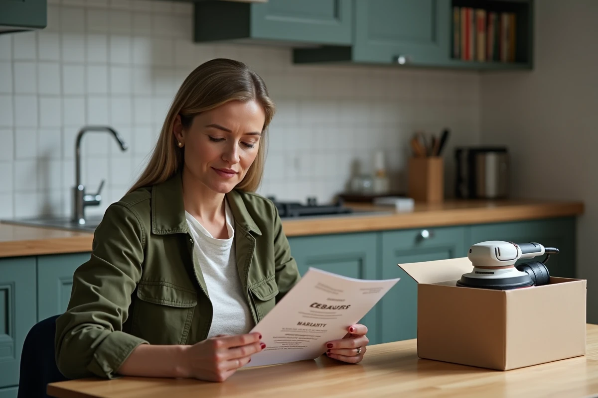 Femme lisant la notice de garantie d'un outil Erbauer à la maison avant utilisation