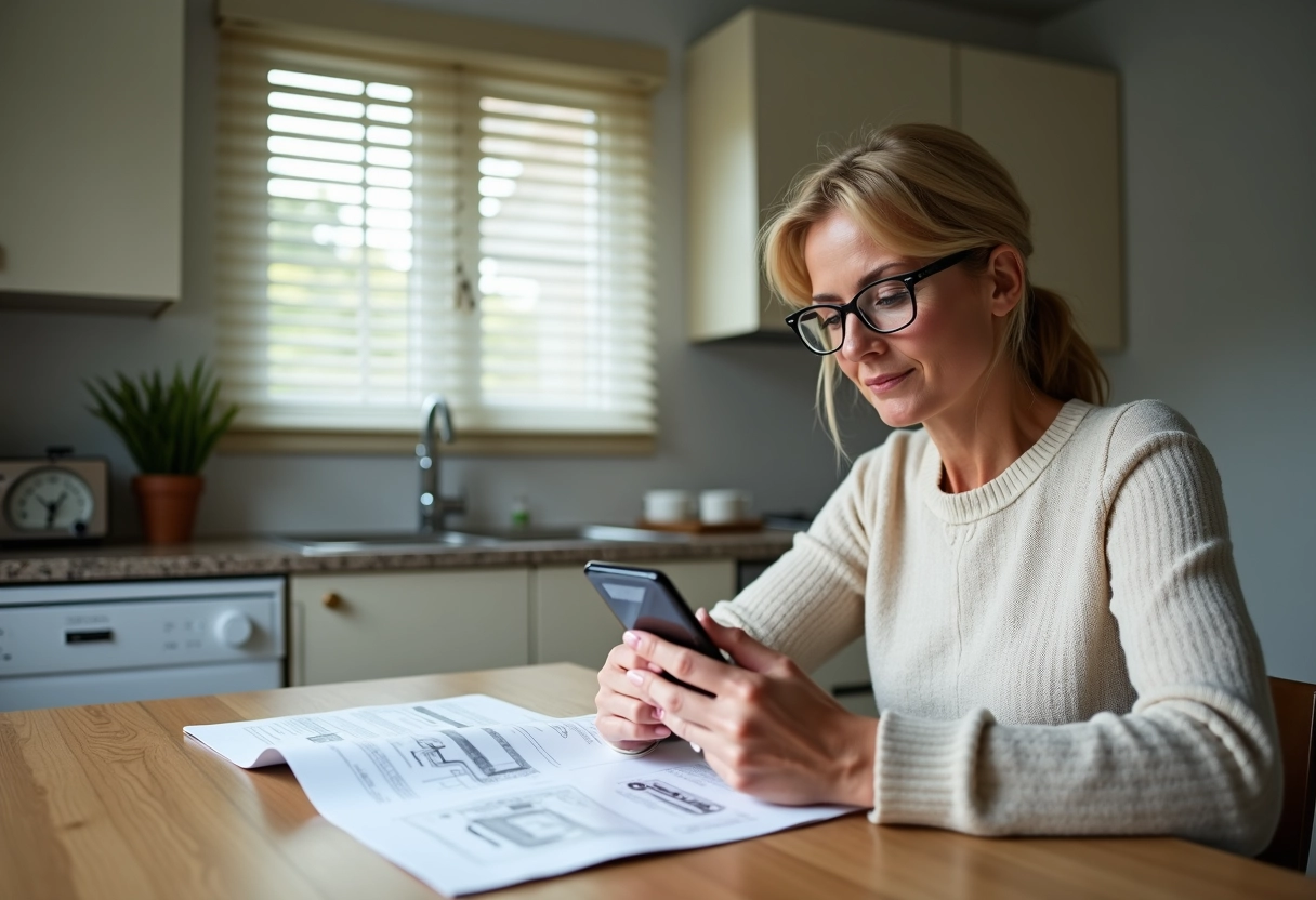 Femme lisant un manuel pour volet roulant à la cuisine