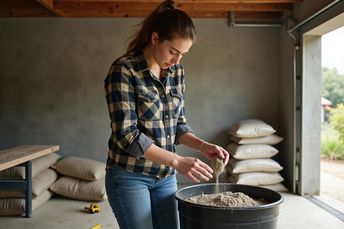 Jeune femme mélangeant des matériaux dans un garage lumineux