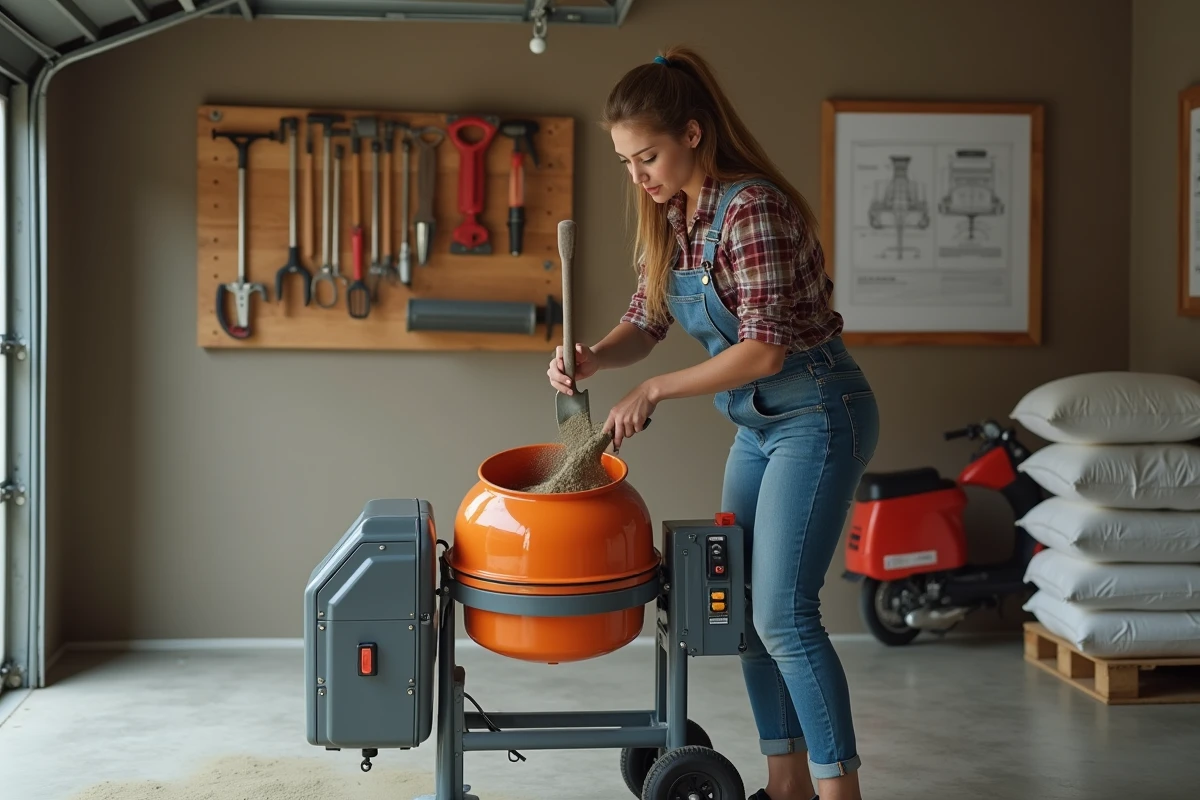 Jeune femme dans un garage utilisant un mélangeur à béton électrique