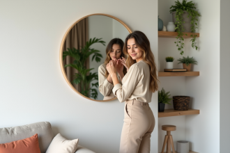 Femme ajustant un grand miroir rond dans un salon moderne