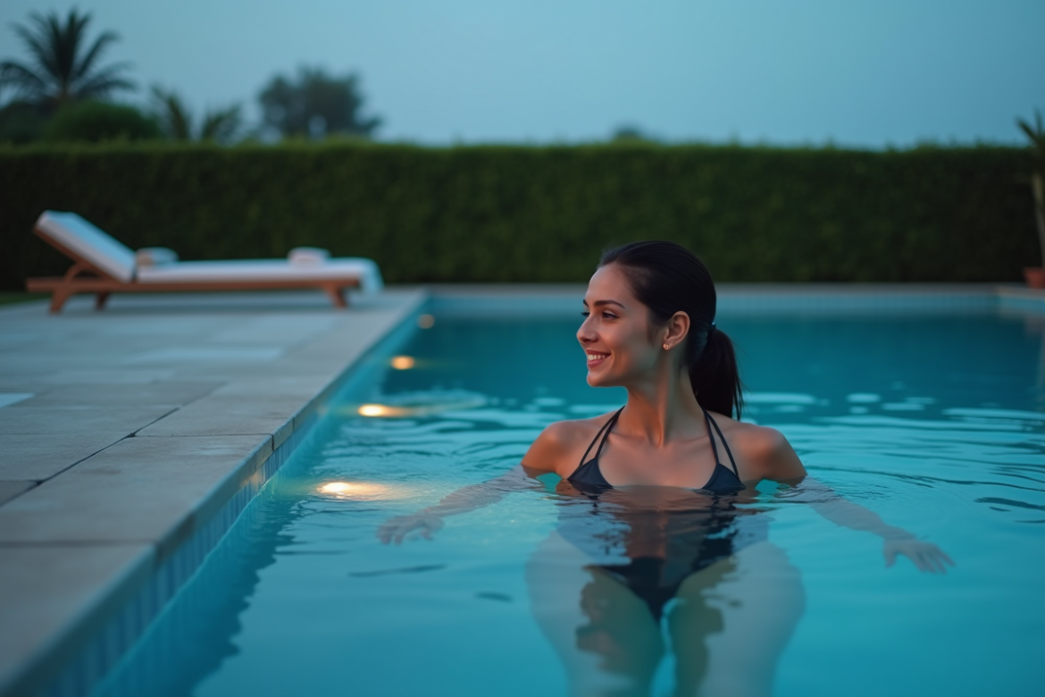 Femme souriante flottant dans une piscine moderne au crépuscule