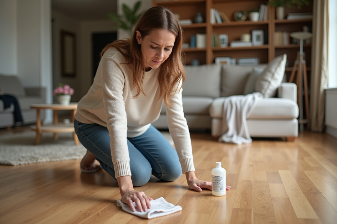 Femme inspectant un parquet avec chiffon et vinaigre