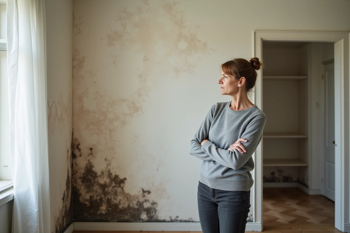 Femme inquiète observant des moisissures importantes sur le mur de son salon