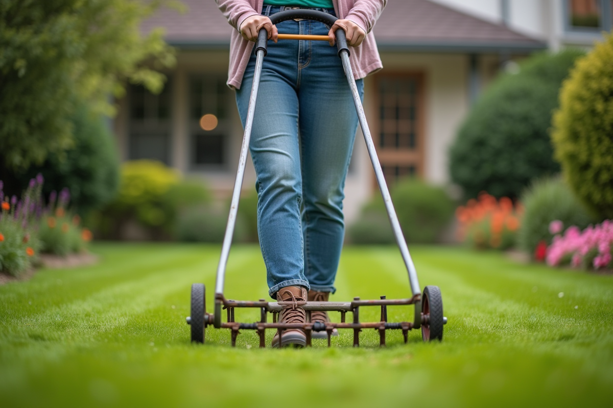 Jeune femme utilisant un aerateur manuel dans le jardin