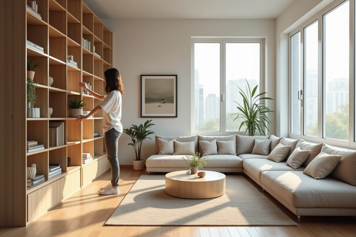 Jeune femme arrangeant des étagères modulables dans un salon lumineux