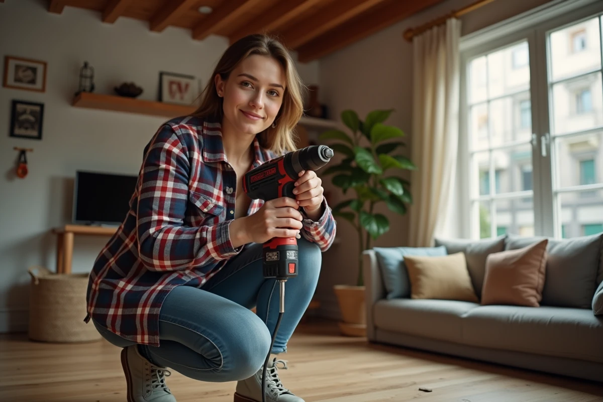 Jeune femme ajustant une perceuse dans un salon chaleureux