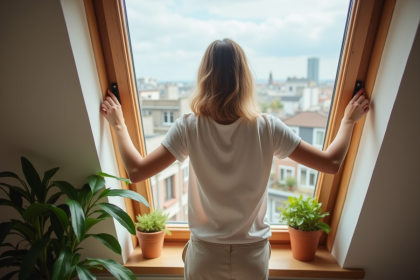 Jeune femme ouvrant une lucarne dans un appartement urbain