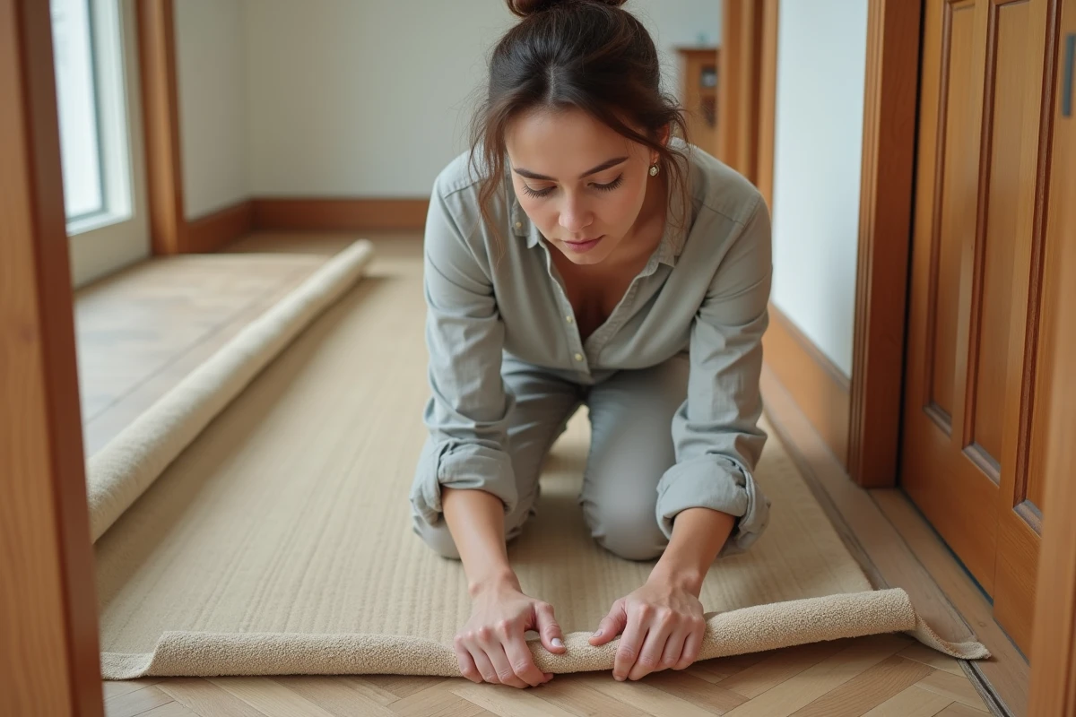 Femme soulevant le tapis pour révéler le parquet