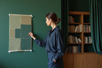 Femme observant des échantillons de peinture murale verte