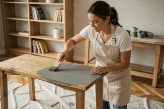 Femme rénovant une table basse en bois avec de la peinture grise mate dans un salon en cours de décoration DIY
