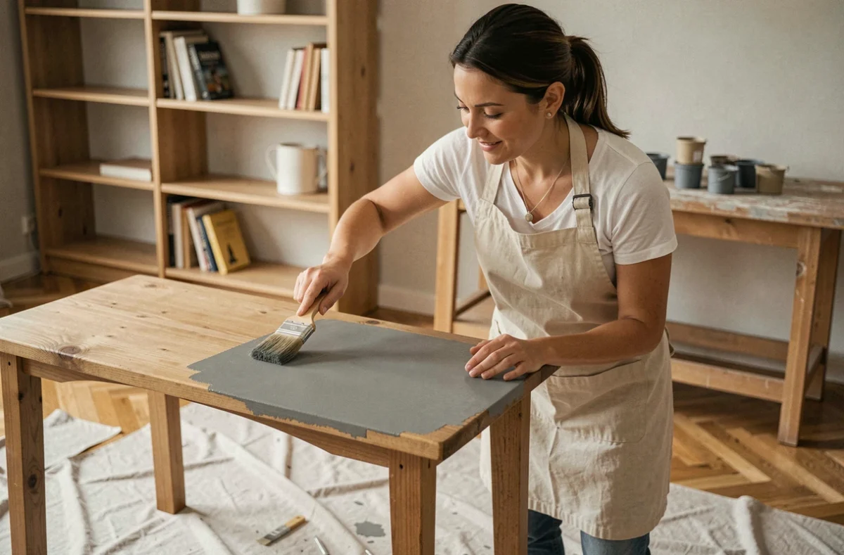 Femme rénovant une table basse en bois avec de la peinture grise mate dans un salon en cours de décoration DIY