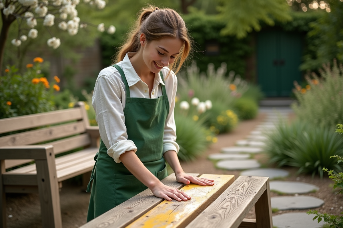 Jeune femme cirant un banc de jardin en extérieur