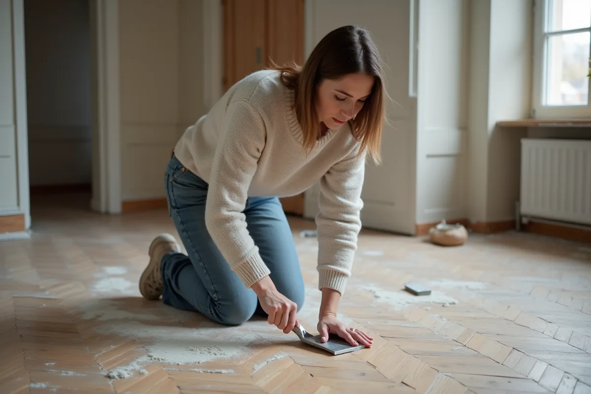 Femme appliquant du filler sur un parquet ancien