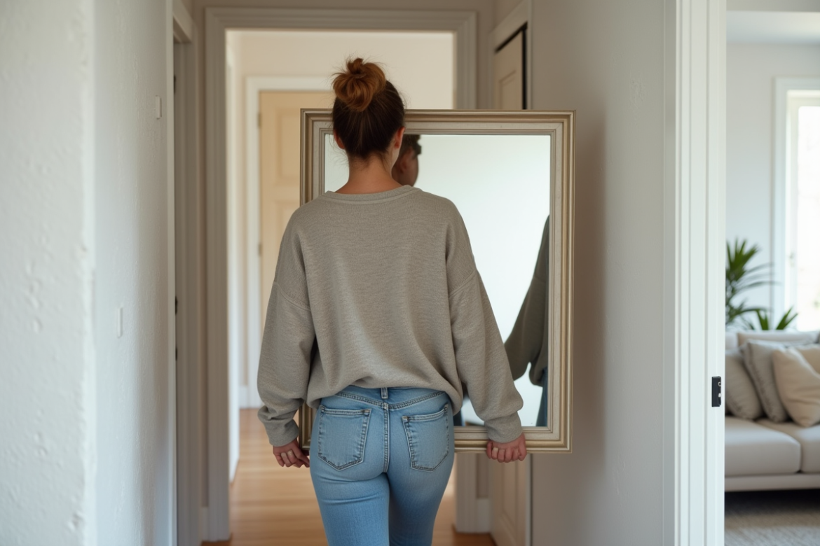 Femme portant un grand miroir dans un appartement moderne