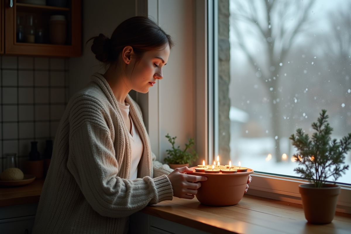 Jeune femme place des bougies dans un pot en terre cuite près d