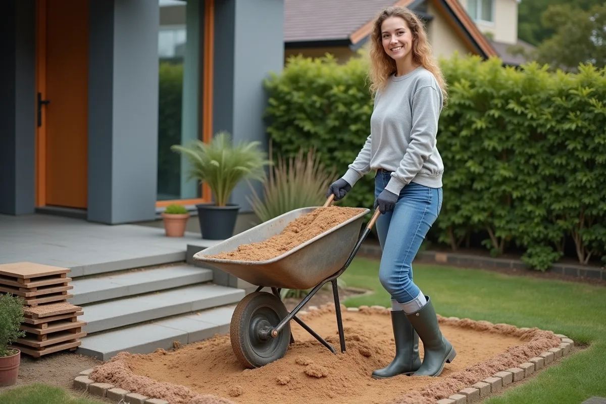 Jeune femme versant du sable dans un jardin avec une brouette