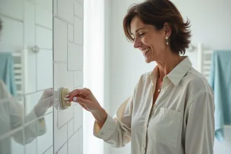Femme appuyant une ventouse sur des carreaux de salle de bain