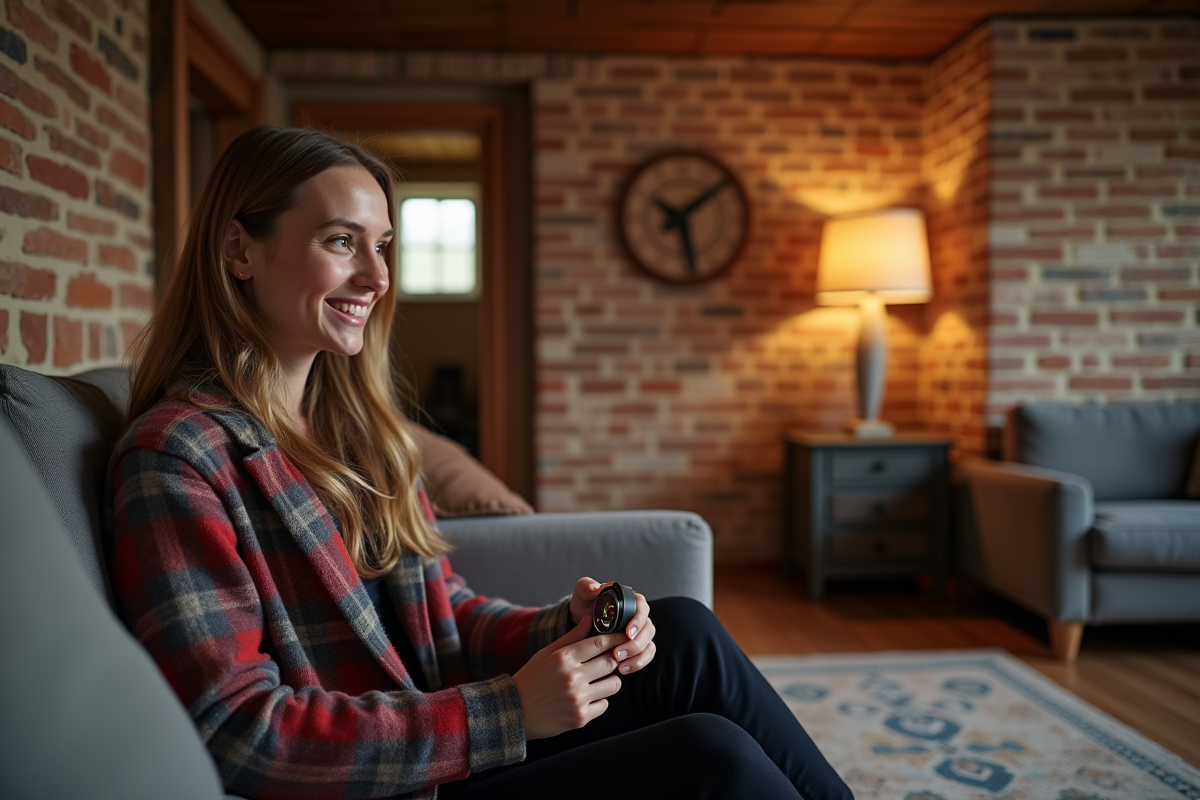Jeune femme souriante réglant un thermostat électrique dans un sous-sol cosy