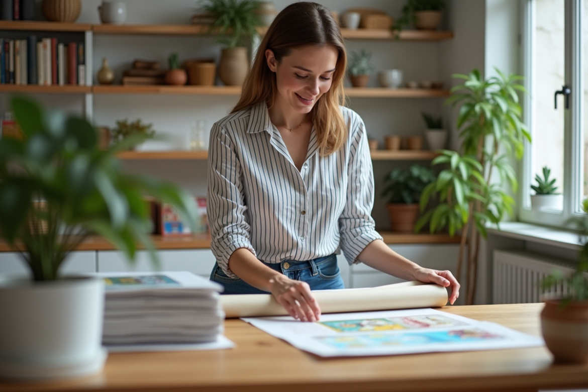Femme en train de rouler des affiches vintage dans un appartement lumineux