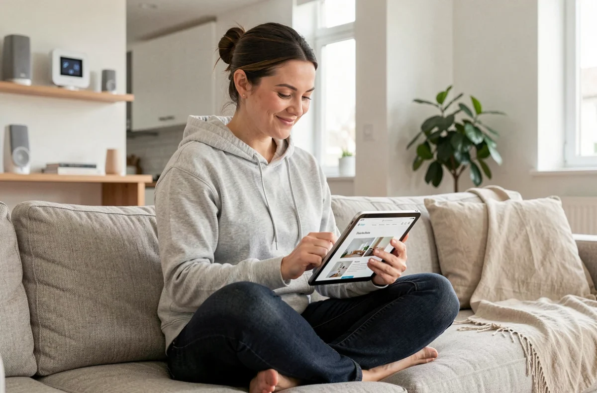 Femme consultant le site Generationdomotique.com sur une tablette dans un salon connecté avec équipements domotiques
