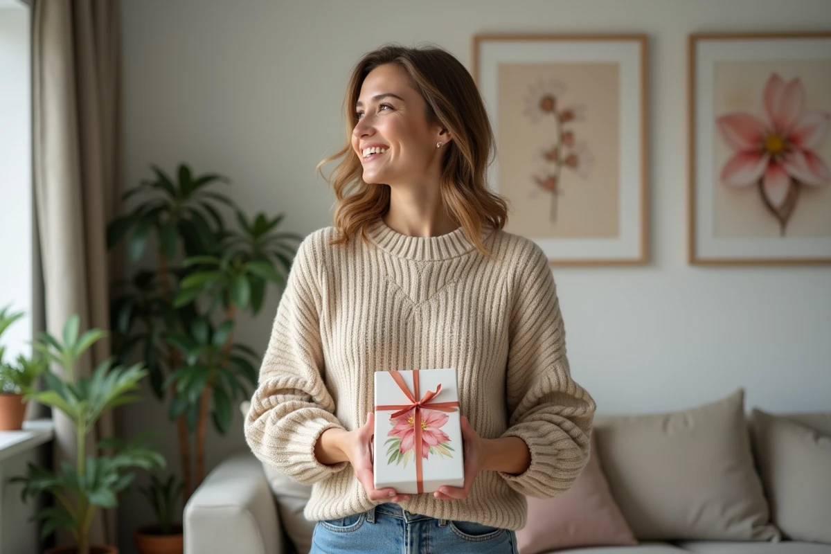 Femme souriante tenant un cadeau d'art coloré dans un salon chaleureux