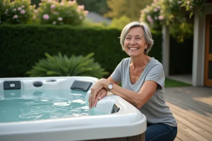 Femme souriante près d'un spa extérieur en nature