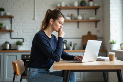 Femme concentrée travaillant sur son laptop dans une cuisine rénovée